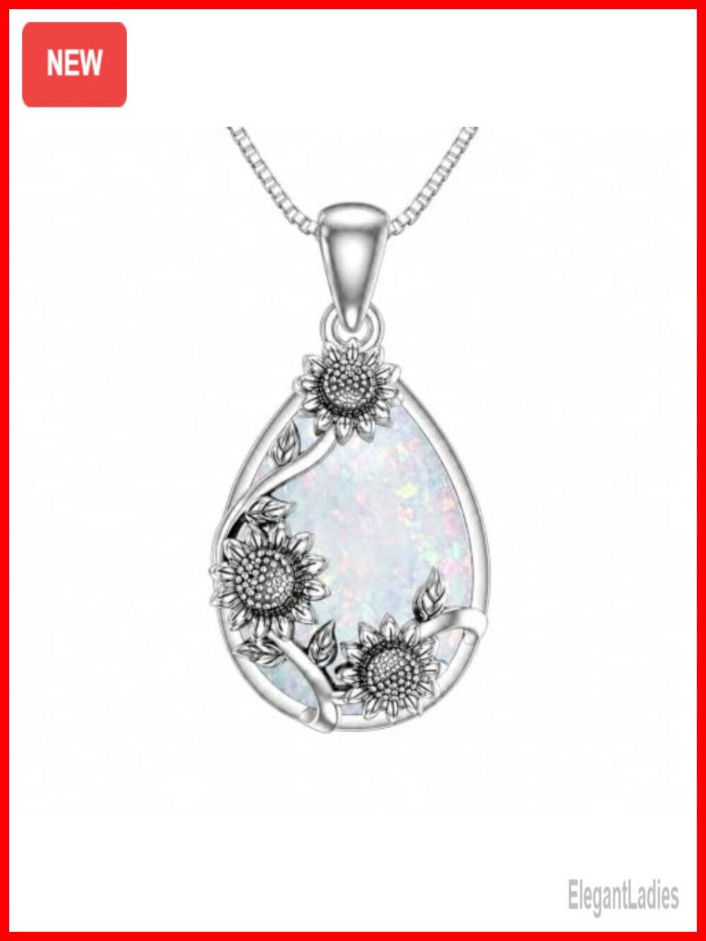 White Opal Sunflower Pendant Necklace White Gold Plated 22mm